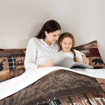 Cabin Home Comforter Sets King Size Hunting Bear Deer Animals Theme Quilted Duvet 3pcs for Boys Men Teens Kids Bedroom Decor Brown Wooden Rustic Farmhouse Style Bedding Sets Patchwork Plaid Bedspread