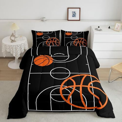 Homewish Basketball Comforter Set Sports Theme Bedding Set for Kids Girls Women Adults Basketball Court Comforter Black and Orange Quilted Duvet Set Bedroom Collection Twin Size 2Pcs