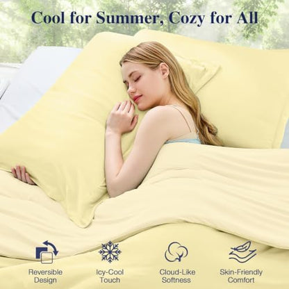MUXHOMO Cooling Comforter Set King Size, Lightweight Summer Comforter for Hot Sleeper, Reversible Bedding with Icy Cooling Surface, Includes 1 Comforter (104"x90") and 2 Shams (20"x 36"), Cream Yellow
