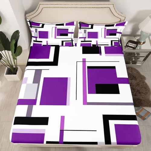 Feelyou Square Bed Sheets Purple Black White Sheet Set for Kids Boys Girls Modern Geometric Grid Bed Set Simple Graphic Decor Sheets with 2 Pillowcases 4Pcs Bedding Full