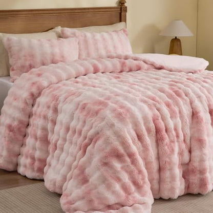 BEDELITE Tie Dye Faux Fur Comforter Set Twin,Thick Winter Comforter,Pink
