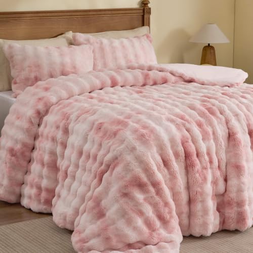 BEDELITE Tie Dye Faux Fur Comforter Set Queen,Thick Winter Comforter,Pink