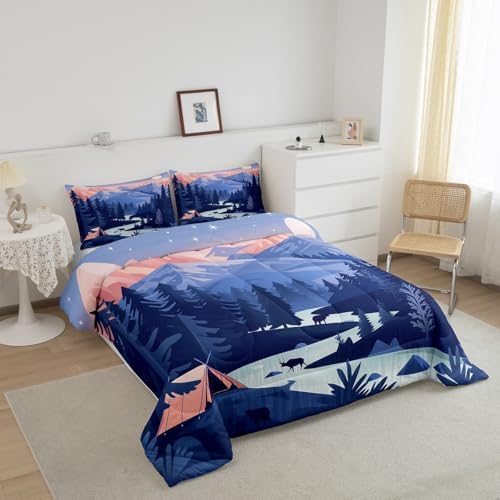 Woodland Comforter Set King Size,Pine Tree Boho Duvet Insert for Kids Girls Boys Adults Room Decor,Rustic Style Nature Botanical Bedding Set 3Pcs,Polka Dot Snowflake Plant Quilt Set,2 Pillowcases
