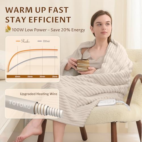 Reaks Heated Throw Blanket, 5 Heat Levels, 3 Hours Auto-Off, 50"x60", Beige