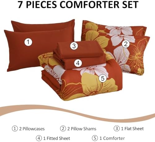 Burnt Orange Comforter Set Queen Size, 7 Pieces Fall Floral Bedding Set
