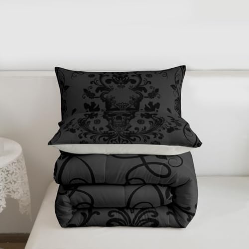 Feelyou Gothic Kids Comforter Set Full Size Sugar Skull Bedding Set Damask Print Floral Duvet Quilt for Kids Boys Girls Bedroom Decor Microfiber Ultra Soft Breathable