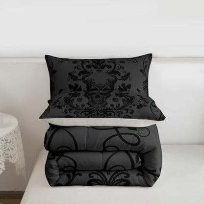 Feelyou Gothic Kids Comforter Set Full Size Sugar Skull Bedding Set Damask Print Floral Duvet Quilt for Kids Boys Girls Bedroom Decor Microfiber Ultra Soft Breathable