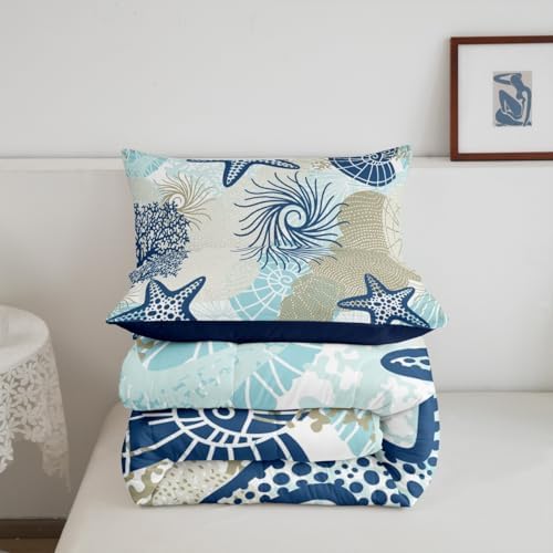 Homewish Ocean Comforter Set King Size,Starfish Shell Coral Sealife Bedding Set 3pcs for Kids Boys Girls Room Decor,Boho Hawaii Style Quilt Set Vintage Navy Blue Duvet Insert with 2 Pillowcases
