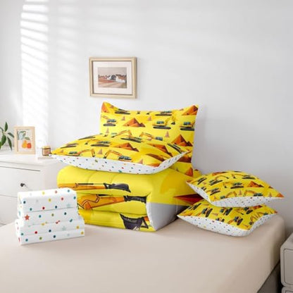 Erosebridal Boys Construction King Comforter Set with Sheets, Excavator Bed in A Bag for Kids Men Boys Room Decor, Yellow Vehicle 7-Piece Bedding Set, Equipment Trucks Bed Sets, Lightweight