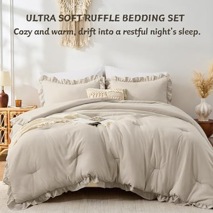 FUANNA Queen Comforter Set, 3 Pieces Bedding Sets, Ruffle Bed Set, Oatmeal