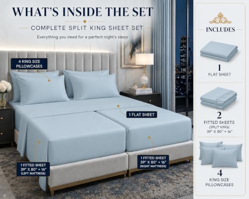 Split King Sheets Sets for Adjustable Bed, 7Pc Egyptian Cotton,Light Blue