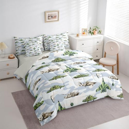 Feelyou Army Military 7 Piece Bedding Set Camouflage Print Comforter Set with Sheets for Kids Boys Girls Tank Aircraft Bed in a Bag Army Green Bed Set Soft Lightweight