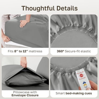 Soft Natural 100% Cotton Sateen Twin Bed Sheets, 3 Pc Set, Misty Grey