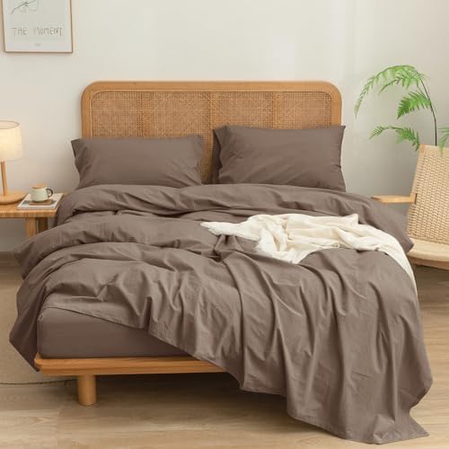 BESTOUCH Twin Washed Cotton Linen Feel Sheet Set 3pc Pine Bark Brown