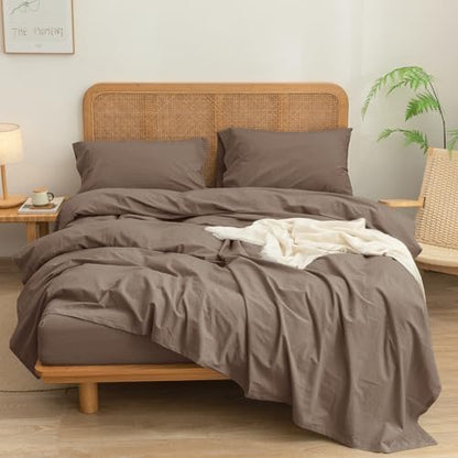 BESTOUCH Twin Washed Cotton Linen Feel Sheet Set 3pc Pine Bark Brown