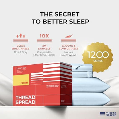 THREAD SPREAD 100% Egyptian Cotton Queen Sheets Set - 1200 Series Plush Collection Luxury Egyptian Cotton Sheets Queen Size Deep Pocket (4 PC, Light Blue), Soft, Cooling, Sateen Weave Sheet Set
