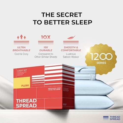 THREAD SPREAD 100% Egyptian Cotton King Size Sheets Set - Luxury 1200 Series Plush Collection Egyptian Cotton Sheets King Size (4 PC, Light Blue), Silky Soft, Cooling, 17" Deep Pocket Bed Set