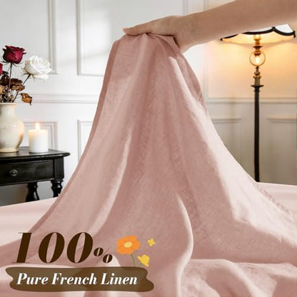 SONORO KATE 100% French Linen Queen Size Sheets Set,Natural Flax Bedding