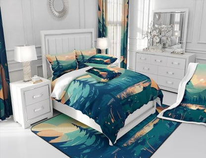 Sunset Comforter Set Twin Size,Mountain Lake Nature Scenery Bedding Set for Kids Teens Adults Room Decor,Camping Adventure Theme Duvet Insert 2Pcs,Woodland Tree Natural Green Quilt Set,1 Pillowcase