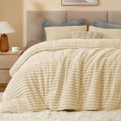 BEDELITE Fleece Twin/Twin XL Comforter Set, Fluffy Bed Set, Beige
