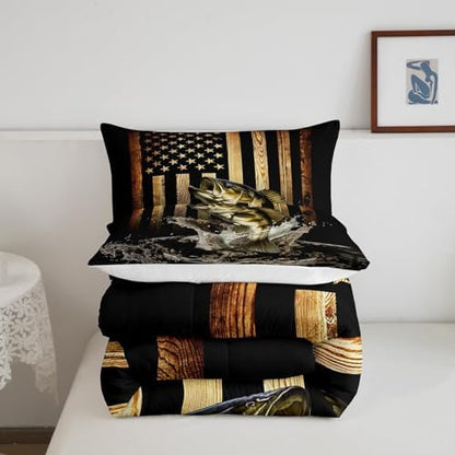 Vintage American Flag Comforter Set Full Size,Bass Fish Bedding Set for Kids Teens Men Adult Room Decor,Fishing and Hunting Quilt Set Black Brown Rustic Farmhouse Wood Striped Duvet Insert 3Pcs