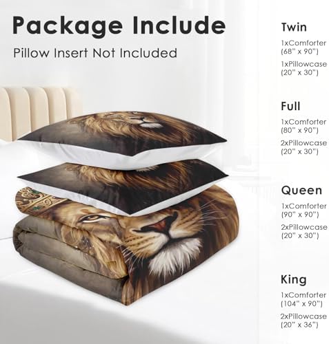 Pamnest Comforter Set Full Size, King Lion Golden Soft 3 Pcs Bedding for Kids and Adults, Animal Painting Cat Comforter Set with 2 Pillowcases, for Bedroom Bed Decor