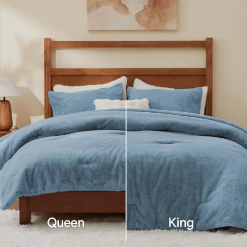 BEDELITE Faux Fur Twin Comforter Set Blue Fog,Warm Comforter for Winter