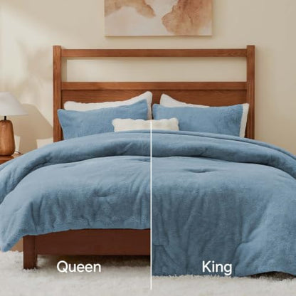 BEDELITE Faux Fur Twin Comforter Set Blue Fog,Warm Comforter for Winter