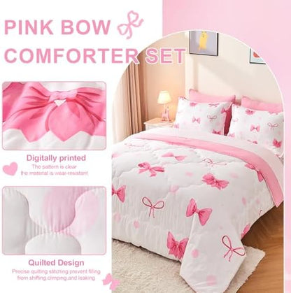 Wajade 7 Piece Pink Bow Bedding Set for Girls Kids Queen Size Comforter Set with Sheet and 2 Pillowcases 2 Pillow Shams Cute Girls Bed in a Bag as Birthday Choice
