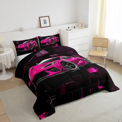 Erosebridal Speed Race Car Comforter Set Twin Hot Pink Sports Car Bedding Set Boys Extreme Sports Down Comforter Black and Hot Pink Quilt Fashion Geometric Duvet Insert 2Pcs Bedding Decor
