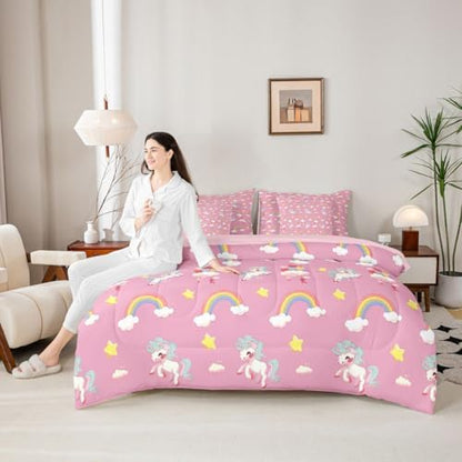 Erosebridal Cute Unicorn King Bed in A Bag 7 Piece Rainbow Unicorn Comforter Set with Sheets Dreamy Horse Printed Bedding Sets for Girls Teens Women,Magical Animal Decor Bed Set