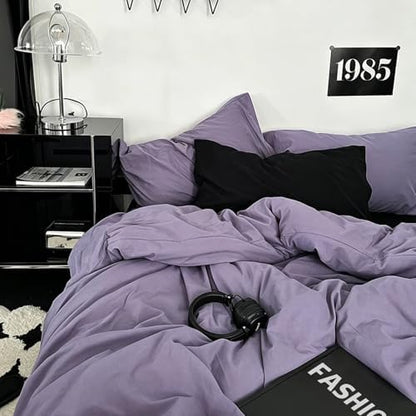 mixinni Solid Purple Duvet Cover Set Queen Size - 100% Washed Cotton 3-Piece Minimalist Bedding Set, Ultra Soft Breathable Solid Color Purple Comforter Cover with Zipper & Corner Ties, Full Size