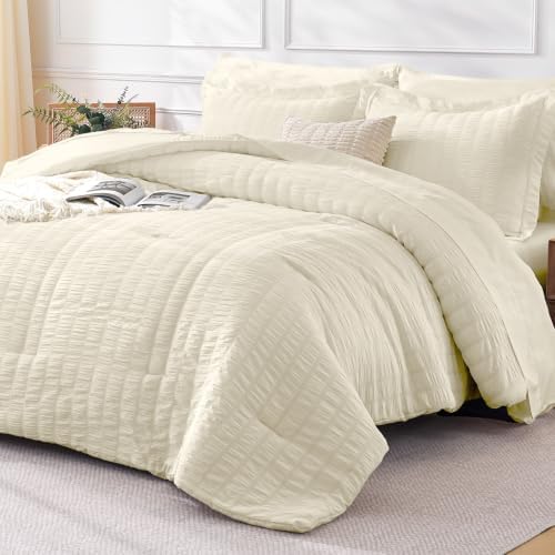FreshCulture Comforter Set Seersucker 7 Pieces, All Season Bedding Set California King, Bed in a Bag Set with 1 Comforter, 1 Flat Sheet, 1 Fitted Sheet, 2 Pillowcases and 2 Pillow Shams, Ivory