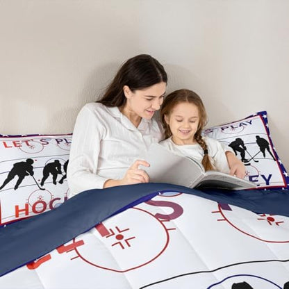 Homewish Ice Hockey Field Comforter Set Queen Size,Winter Sports Bedding Set for Kids Boys Girls Bedroom Decoration,Hockey Sport Player Bed Duvet Insert,Blue and Red Comforter with 2 Pillowcase