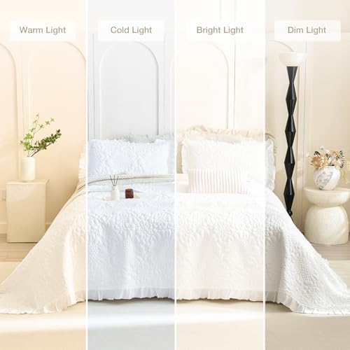 Masaca White Ruffled Oversized King Quilt(118"x106"),Lightweight Farmhouse Shabby Boho Chic Bedding Set,3 Pieces Crinkled Stone-Washed Microfiber California King Bedspread for All Season