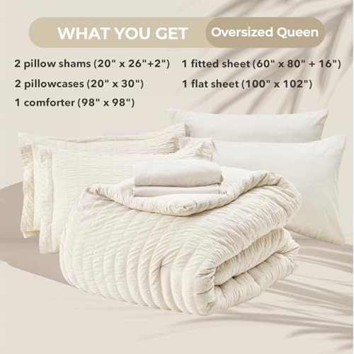 HYMOKEGE Ivory Oversized Queen Comforter Set Seersucker 7 Pieces, All Season Luxury Bed in a Bag for Bedroom, Bedding Set with Comforter, Sheets, Pillowcases & Shams