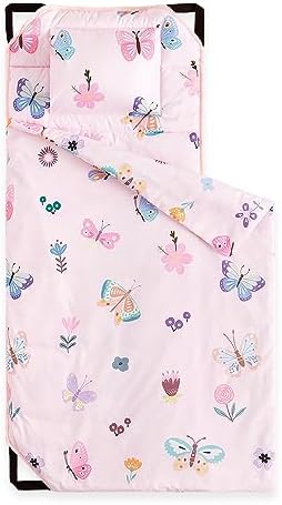 Wake In Cloud - Cot Nap Mat with Pillow and Blanket, for Toddler Kids Girls in Daycare Kindergarten Preschool Pre K with Elastic Corner Straps, Cute Butterfly Flowers, Pink