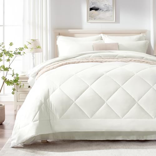 Love's cabin Oversized Queen Comforter Set, 7 Pieces Bed in a Bag, All Season Bedding Sets with 1 Comforter, 1 Flat Sheet, 1 Fitted Sheet, 2 Pillowcase and 2 Pillow Sham, Ivory