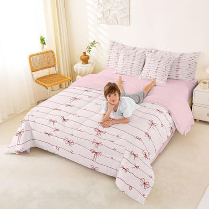 Erosebridal Pink Bow King Size Comforter Set with Sheets | Pink Bowknot 7 Piece Bedding Set Coquette Bowknot Bed in a Bag, Butterfly Knot Princess Room Decor,Room Decor Pink