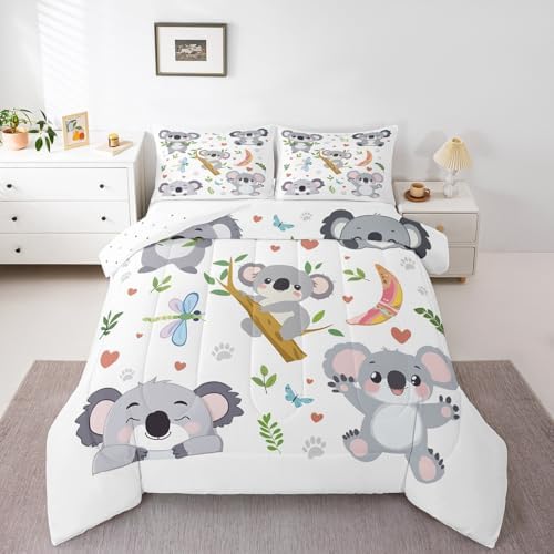 Homewish Cute Koala Comforter Set Twin Size,Kawaii Cartoon Animal Bedding Sets for Kids Girls Boys Adult Room Decor,Tropical Leaves Down Comforter Butterfly Dragonfly Paw Print Quilt Set,1 Pillowcase