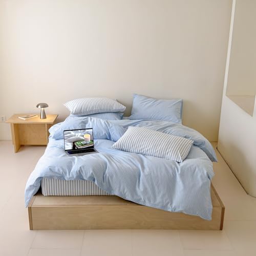 Mucalis Blue Striped Duvet Cover Set King Pinstripe Duvet Cover 100% Washed Cotton White Stripes Patterned 3 Piece Vintage Striped Bedding Set with Zipper Closure Corner Ties,Soft Breathable