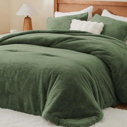 BEDELITE Faux Fur Twin Comforter Set Olive Green,Warm Comforter for Winter