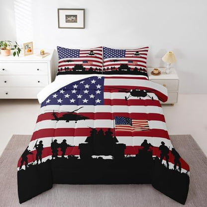 American Flag Comforter Set for Girls Kids Boys Men Soldier Rifle Helicopter Tank Bedding Set Red Blue Stars Stripes USA Flag Comforter Room Decor Army Guns Military Down Comforter King Size Boys