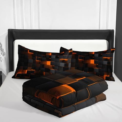 Nttopship Geometric Yellow Black Comforter Set,Light Honeycomb 3 Piece Bedding Set Full Size for Teen Boys,Modern Quilt Set Geometry Decor,Microfiber Lightweight 1 Comforter 2 Pillowcases All Season