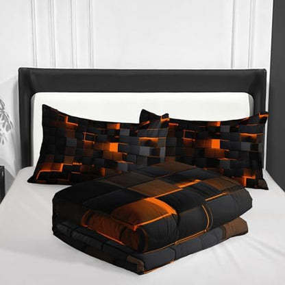 Nttopship Geometric Yellow Black Comforter Set,Light Honeycomb 3 Piece Bedding Set Twin Size for Teen Boys,Modern Quilt Set Geometry Decor,Microfiber Lightweight 1 Comforter 2 Pillowcases All Season