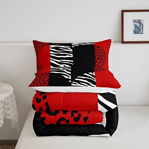 Leopard Zebra Comforter Set King Size,Wild Animals Skin Bedding Set 3pcs for Teens Adults Room Decor,Red Black Geometric Striped Heart Quilt Set Romantic Microfiber Duvet Insert with 2 Pillowcases