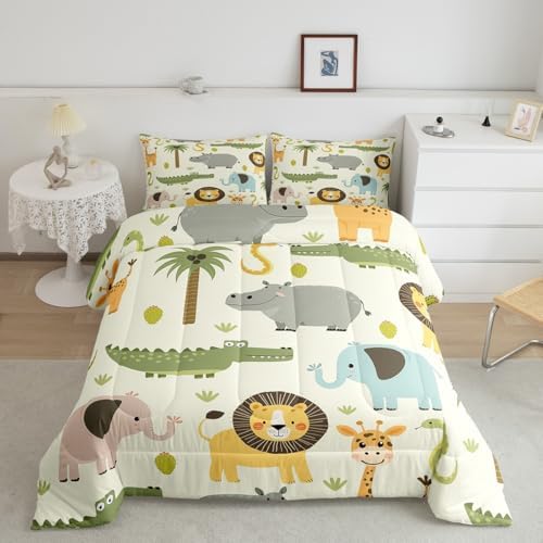 Feelyou Nursery Cute Wild Animals Bedding Set for Girls Boys Child Kids Cartoon Lion Giraffe Crocodile Comforter Decor Nature Wildlife Comforter Set Zoo Animal Duvet Set King Size Quilt Boys