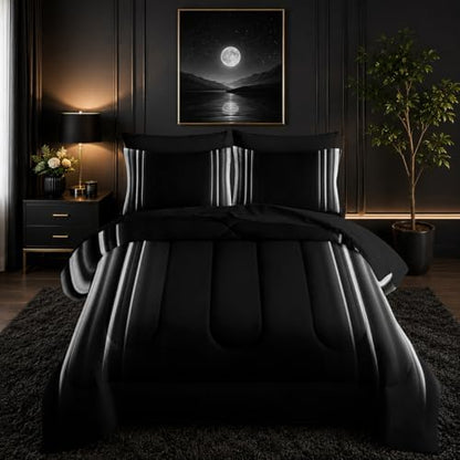 Nttopship White and Black Bedding Set King Size Abstract Ombre Comforter Set Bedding Set 7 Piece in A Bag,Dark Quilt Set Mordern Art Decor All Seasons with Pillowcases,Flat, Fitted Sheet