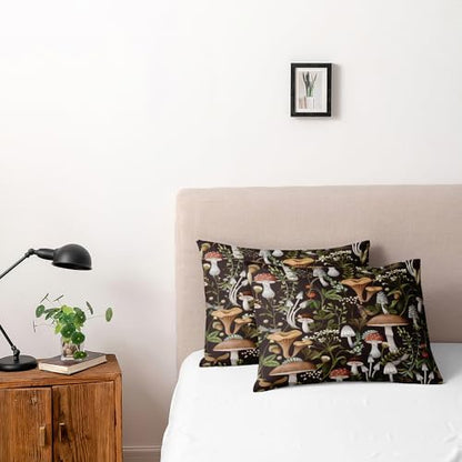 Twin Size Mushroom Print Duvet Cover Set – Dark Brown Floral Plants Bedding for Boys & Girls, Natural & Romantic Bedroom Decor
