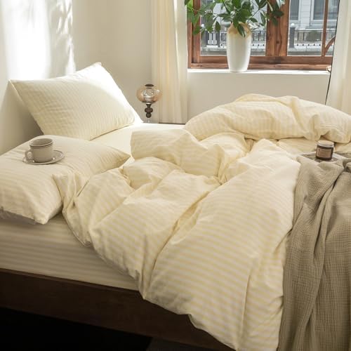FOSSA Striped Duvet Cover Set 100% Washed Cotton Linen Feel Oversized Queen